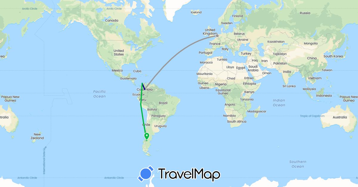 TravelMap itinerary: driving, bus, plane in Argentina, Colombia, Netherlands, Peru (Europe, South America)